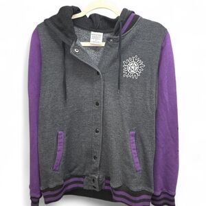 Supernatural Join the Hunt Varsity‎ Hoodie Jacket Large Gray Purple Winchester